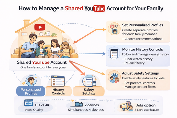 가족이 함께 쓰는 유튜브 계정 관리 구조 설명 이미지